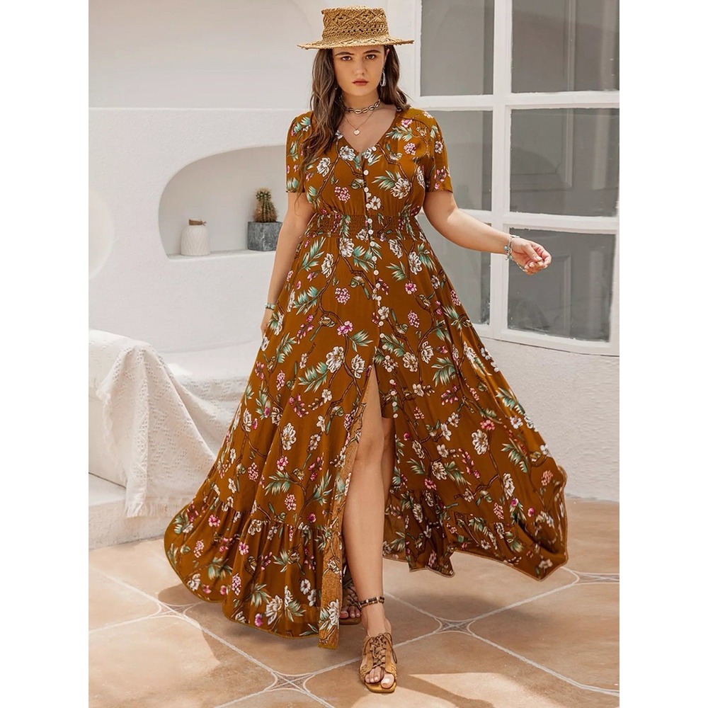 Rusttydustty floral cottage core dress maxi rust color button front v neck ( 4X)